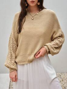 Bohemela 純色落肩挑窿針織毛衣 - 駝色 - 查看 4