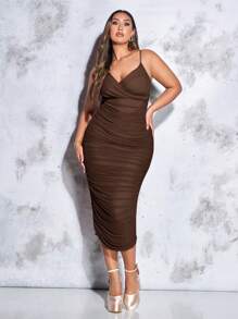 SHEIN BAE Talla grande Vestido ajustado de tirantes fruncido de malla - Marrón Chocolate - Ver 5