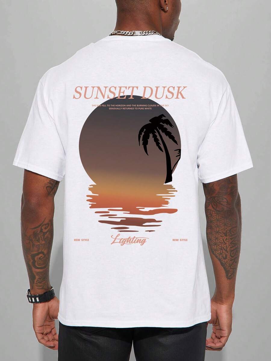 Manfinity RSRT 男士椰子樹和字母圖案T恤 - 白色 - 查看 1