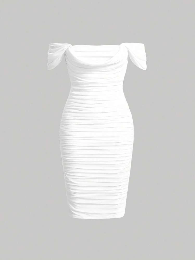 SHEIN MOD Vestido ajustado de hombros descubiertos fruncido - Blanco - Añade 1