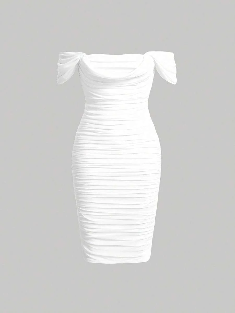 SHEIN MOD Vestido ajustado de hombros descubiertos fruncido - Blanco - Ver 1