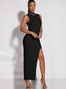 SHEIN BAE 素色高衩背心洋裝 - 黑色 - 查看 3