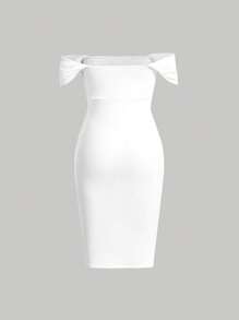 SHEIN MOD Vestido ajustado de hombros descubiertos fruncido - Blanco - Ver 2