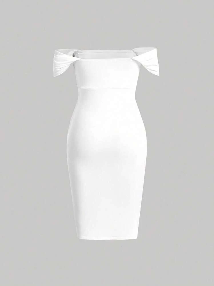 SHEIN MOD Vestido ajustado de hombros descubiertos fruncido - Blanco - Añade 2