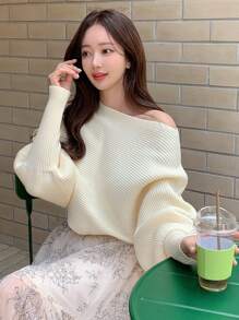 DAZY Jersey unicolor de manga murciélago tejido de canalé - Beis - Ver 1