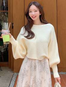 DAZY Jersey unicolor de manga murciélago tejido de canalé - Beis - Ver 3