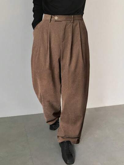 Claim Dot Herrbyxor med lös passform, sneda fickor, vikta veck, mode för utflykter, enfärgade långa, säckiga byxor, till maken, pojkvänpresenter, manchesterbyxor, överdimensionerade byxor, säckiga byxor, ungdom, för hösten