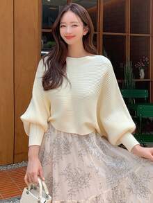 DAZY Jersey unicolor de manga murciélago tejido de canalé - Beis - Ver 4