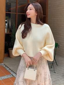 DAZY Jersey unicolor de manga murciélago tejido de canalé - Beis - Ver 5