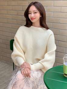 DAZY Jersey unicolor de manga murciélago tejido de canalé - Beis - Ver 6