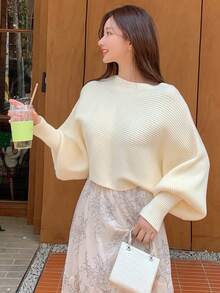 DAZY Jersey unicolor de manga murciélago tejido de canalé - Beis - Ver 7