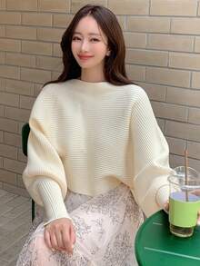 DAZY Jersey unicolor de manga murciélago tejido de canalé - Beis - Ver 8