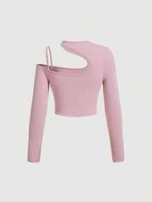 SHEIN MOD Solid Asymmetrical Neck Crop Tee - Baby Pink - View 2