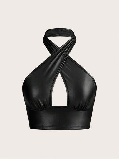 SHEIN ICON Top negro sin mangas de PU con diseño en cruz