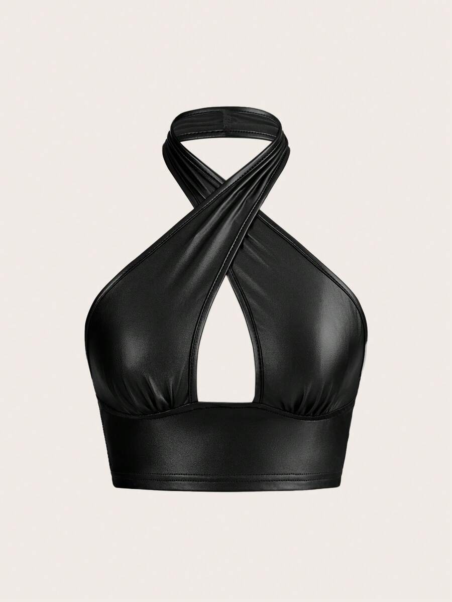 SHEIN ICON 實心交叉PU皮革頸掛黑色上衣 - 黑色 - 查看 1