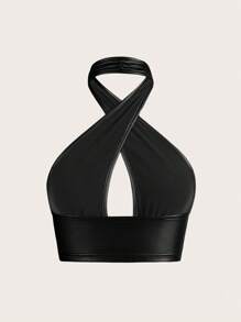SHEIN ICON 實心交叉PU皮革頸掛黑色上衣 - 黑色 - 查看 2