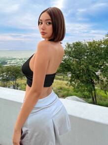 SHEIN ICON 實心交叉PU皮革頸掛黑色上衣 - 黑色 - 查看 5