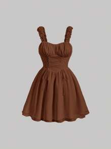 SHEIN MOD Talla grande Vestido de tirantes pecho con fruncido con cordón delantero - Marrón Chocolate - Ver 1