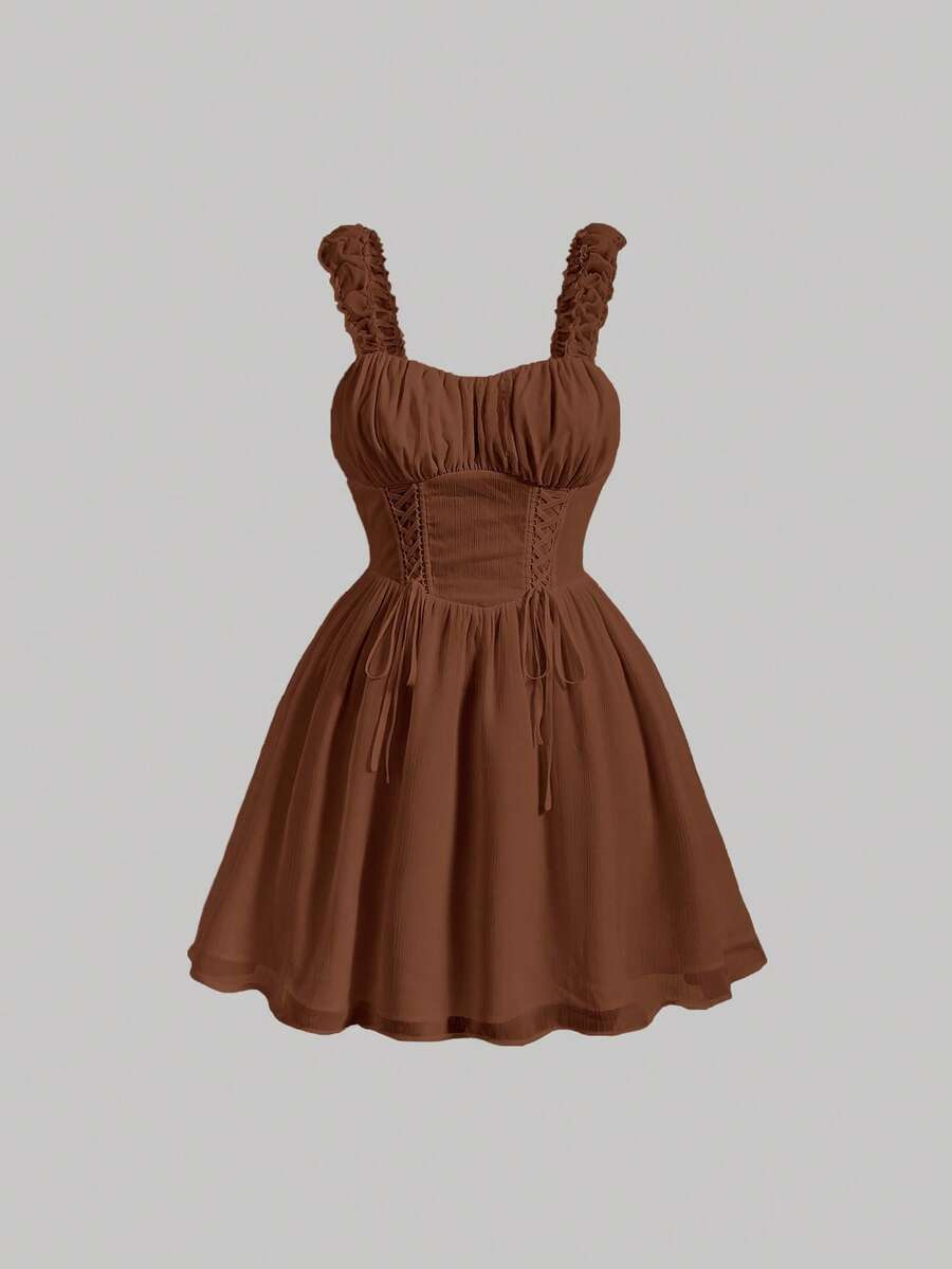 SHEIN MOD Talla grande Vestido de tirantes pecho con fruncido con cordón delantero - Marrón Chocolate - Ver 1
