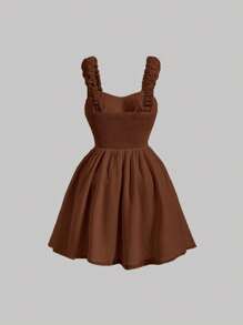 SHEIN MOD Talla grande Vestido de tirantes pecho con fruncido con cordón delantero - Marrón Chocolate - Ver 2