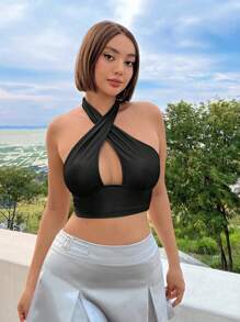 SHEIN ICON 實心交叉PU皮革頸掛黑色上衣 - 黑色 - 查看 6