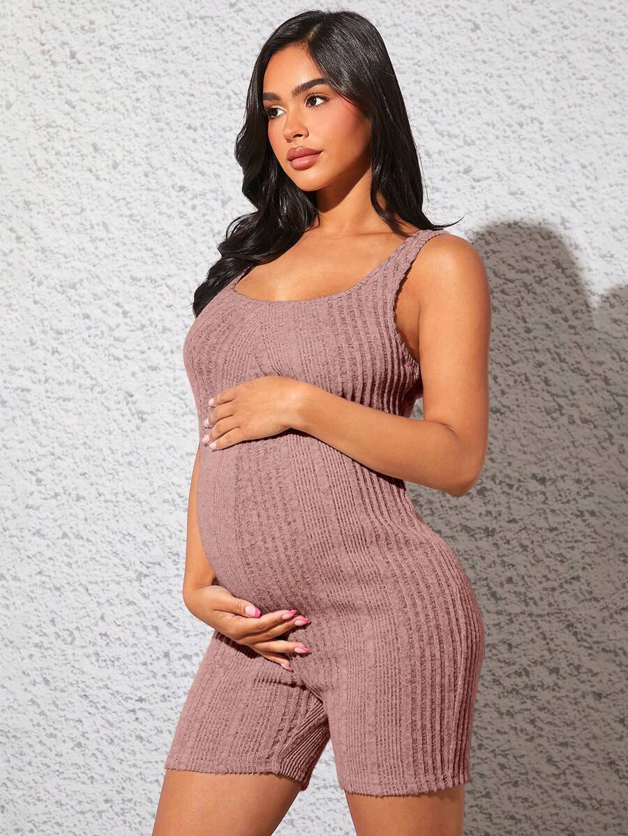 SHEIN Thai sản Đồ đan Ribbed Quần áo nịt Romper - Bụi hồng - Xem 1