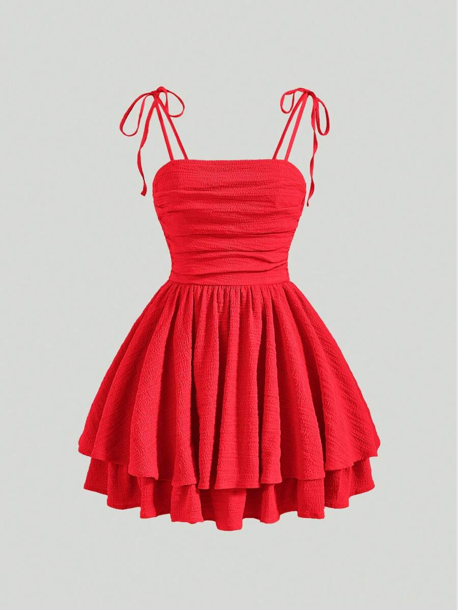 SHEIN MOD Tie Shoulder Two Layer Hem Cami Dress - Red - View 1