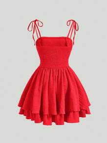SHEIN MOD Tie Shoulder Two Layer Hem Cami Dress - Red - View 2