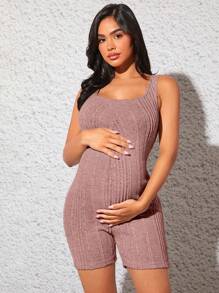 SHEIN Thai sản Đồ đan Ribbed Quần áo nịt Romper - Bụi hồng - Xem 4