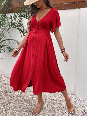 SHEIN Maternity Plunging Neck Knot Front Button Through Dress