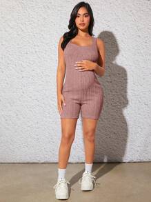 SHEIN Thai sản Đồ đan Ribbed Quần áo nịt Romper - Bụi hồng - Xem 5