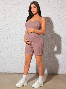 SHEIN Thai sản Đồ đan Ribbed Quần áo nịt Romper - Bụi hồng - Xem 6