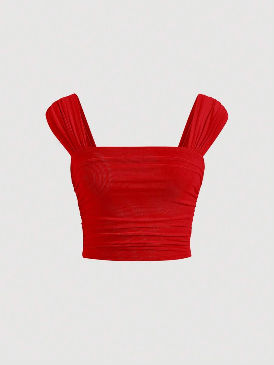 SHEIN MOD 休閒褶邊純色女士背心 - 紅色 - 查看 1