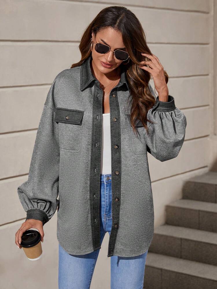 Drop Shoulder Flap Pocket Contrast Trim Coat