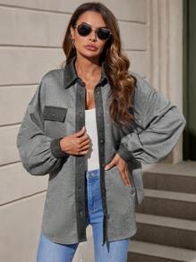 SHEIN Clasi 落肩袖翻蓋口袋拼接邊外套 - 灰色 - 查看 4