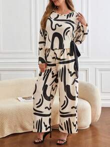 SHEIN Frenchy 大碼圖案印花落肩袖上衣&闊腿褲 - 杏色 - 查看 6