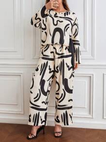 SHEIN Frenchy 大碼圖案印花落肩袖上衣&闊腿褲 - 杏色 - 查看 7