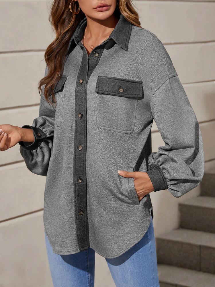 Drop Shoulder Flap Pocket Contrast Trim Coat