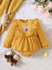 女嬰花卉刺繡荷葉邊荷葉邊下擺腰連身背心 - 黃色 - 查看 1