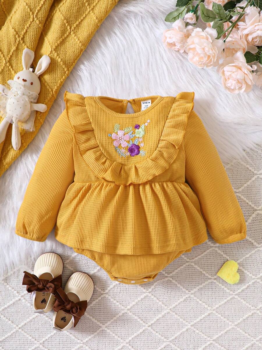 女嬰花卉刺繡荷葉邊荷葉邊下擺腰連身背心 - 黃色 - 查看 1