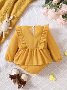 女嬰花卉刺繡荷葉邊荷葉邊下擺腰連身背心 - 黃色 - 查看 2