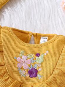 女嬰花卉刺繡荷葉邊荷葉邊下擺腰連身背心 - 黃色 - 查看 7