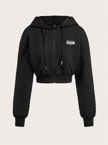 SHEIN EZwear Sudadera corta con cremallera y parche con letra, tops de manga larga para otoño/invierno