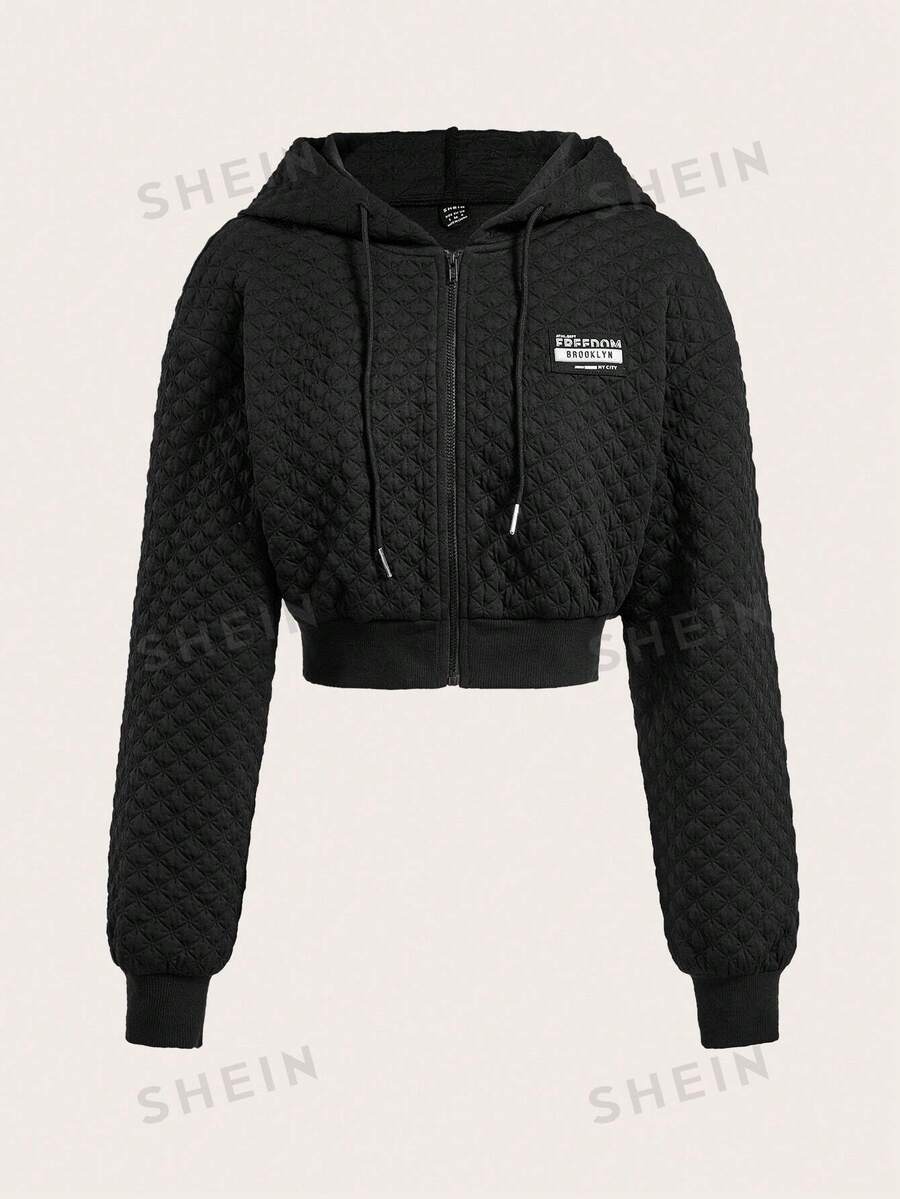 SHEIN EZwear Sudadera corta con cremallera y parche con letra, tops de manga larga para otoño/invierno