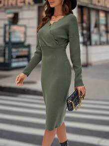 SHEIN LUNE 落肩袖毛衣洋裝不附腰帶 - 軍綠色 - 查看 3