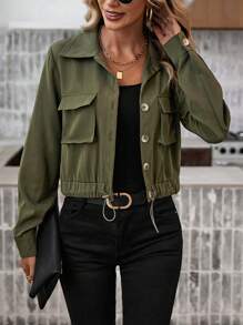 SHEIN LUNE Cazadora crop con bolsillo con solapa con botón delantero - Verde militar - Ver 1