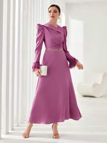 Modelyn 不對稱領毛茸茸袖口泡泡袖洋裝不附腰帶 - 淡紫色 - 查看 1