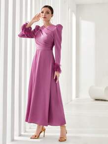 Modelyn 不對稱領毛茸茸袖口泡泡袖洋裝不附腰帶 - 淡紫色 - 查看 3