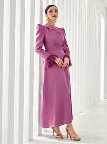 Modelyn 不對稱領毛茸茸袖口泡泡袖洋裝不附腰帶 - 淡紫色 - 查看 4