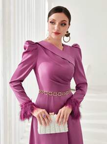 Modelyn 不對稱領毛茸茸袖口泡泡袖洋裝不附腰帶 - 淡紫色 - 查看 5